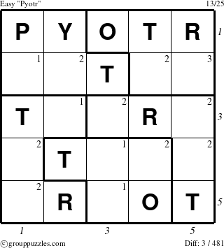 The grouppuzzles.com Easy Pyotr puzzle for , suitable for printing, with all 3 steps marked