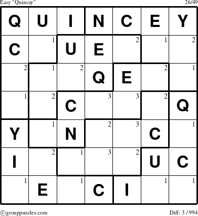 The grouppuzzles.com Easy Quincey puzzle for  with the first 3 steps marked