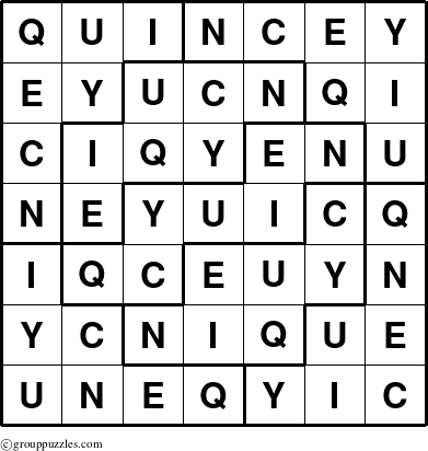 The grouppuzzles.com Answer grid for the Quincey puzzle for 