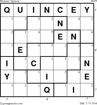 The grouppuzzles.com Medium Quincey puzzle for  with all 5 steps marked