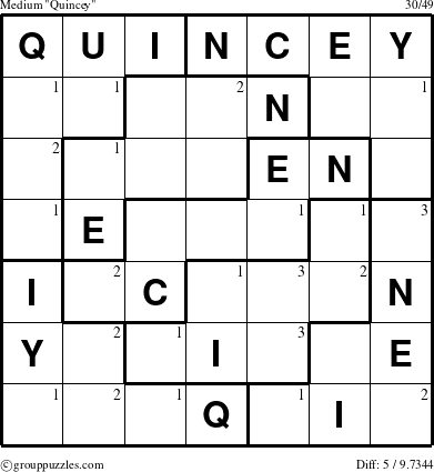 The grouppuzzles.com Medium Quincey puzzle for  with the first 3 steps marked