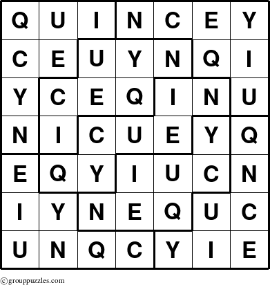 The grouppuzzles.com Answer grid for the Quincey puzzle for 
