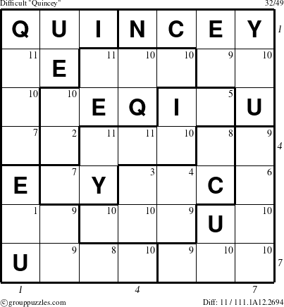 The grouppuzzles.com Difficult Quincey puzzle for  with all 11 steps marked