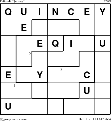 The grouppuzzles.com Difficult Quincey puzzle for  with the first 3 steps marked