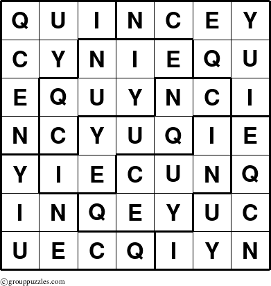 The grouppuzzles.com Answer grid for the Quincey puzzle for 