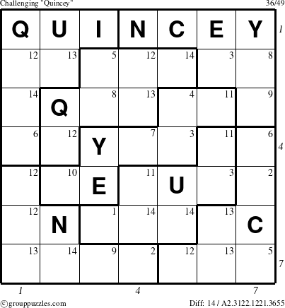 The grouppuzzles.com Challenging Quincey puzzle for , suitable for printing, with all 14 steps marked