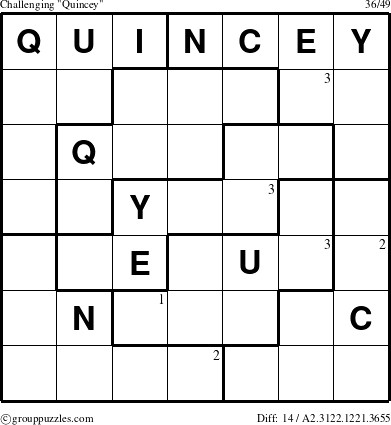 The grouppuzzles.com Challenging Quincey puzzle for  with the first 3 steps marked