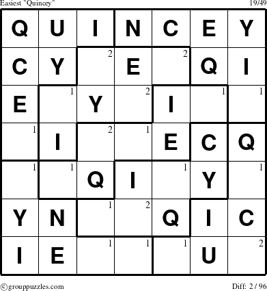 The grouppuzzles.com Easiest Quincey puzzle for  with the first 2 steps marked