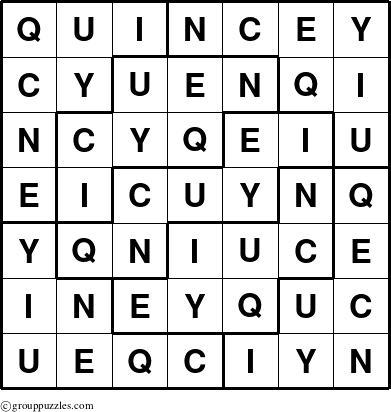 The grouppuzzles.com Answer grid for the Quincey puzzle for 