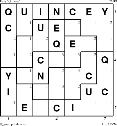 The grouppuzzles.com Easy Quincey puzzle for  with all 3 steps marked