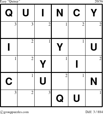 The grouppuzzles.com Easy Quincy puzzle for  with the first 3 steps marked