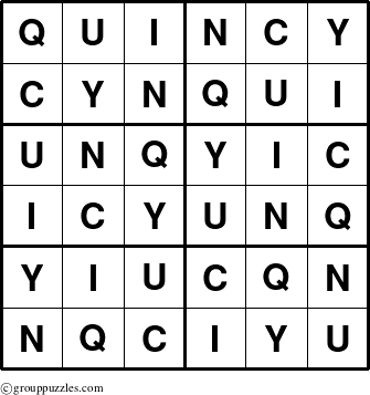 The grouppuzzles.com Answer grid for the Quincy puzzle for 