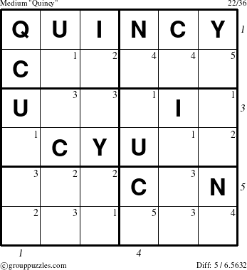 The grouppuzzles.com Medium Quincy puzzle for , suitable for printing, with all 5 steps marked