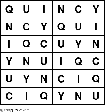 The grouppuzzles.com Answer grid for the Quincy puzzle for 