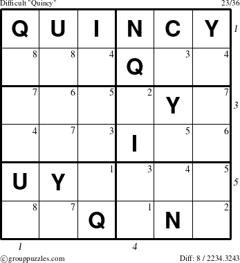 The grouppuzzles.com Difficult Quincy puzzle for  with all 8 steps marked