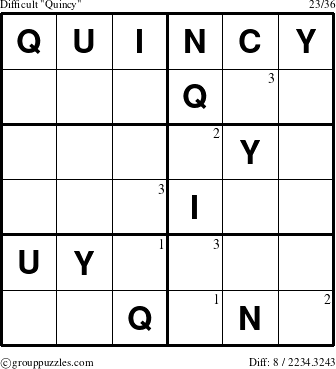 The grouppuzzles.com Difficult Quincy puzzle for  with the first 3 steps marked