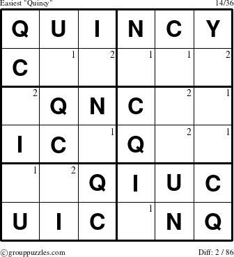 The grouppuzzles.com Easiest Quincy puzzle for  with the first 2 steps marked