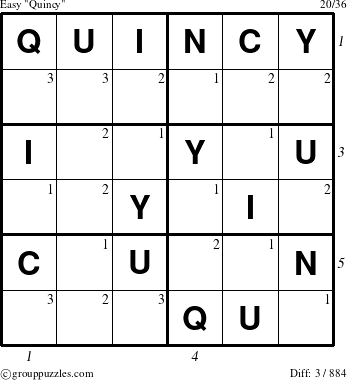 The grouppuzzles.com Easy Quincy puzzle for , suitable for printing, with all 3 steps marked