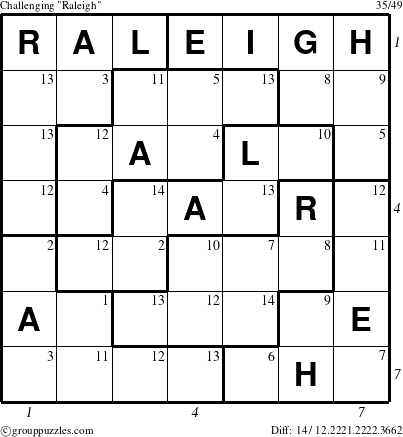 The grouppuzzles.com Challenging Raleigh puzzle for , suitable for printing, with all 14 steps marked