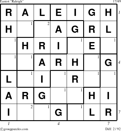 The grouppuzzles.com Easiest Raleigh puzzle for , suitable for printing, with all 2 steps marked