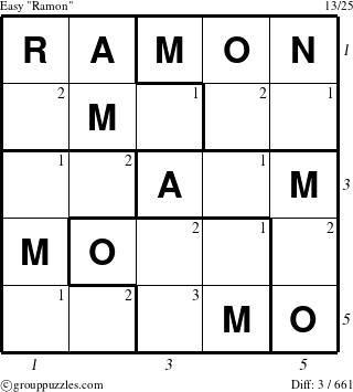 The grouppuzzles.com Easy Ramon puzzle for , suitable for printing, with all 3 steps marked