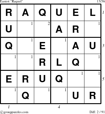 The grouppuzzles.com Easiest Raquel puzzle for , suitable for printing, with all 2 steps marked