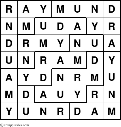 The grouppuzzles.com Answer grid for the Raymund puzzle for 