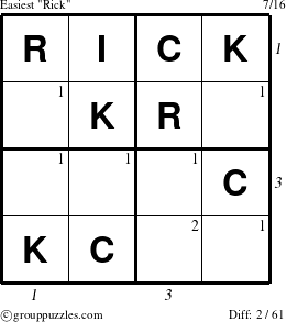 The grouppuzzles.com Easiest Rick puzzle for , suitable for printing, with all 2 steps marked