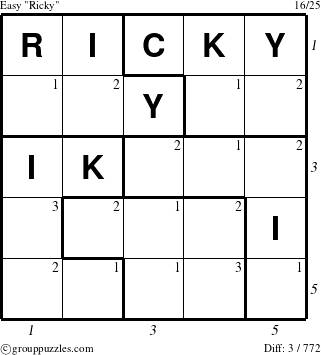 The grouppuzzles.com Easy Ricky puzzle for , suitable for printing, with all 3 steps marked