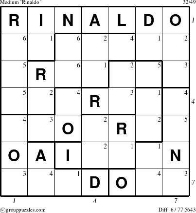 The grouppuzzles.com Medium Rinaldo puzzle for , suitable for printing, with all 6 steps marked