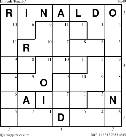 The grouppuzzles.com Difficult Rinaldo puzzle for , suitable for printing, with all 11 steps marked