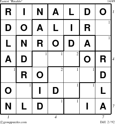 The grouppuzzles.com Easiest Rinaldo puzzle for , suitable for printing, with all 2 steps marked