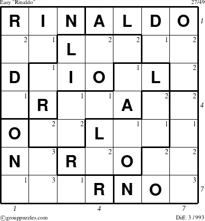 The grouppuzzles.com Easy Rinaldo puzzle for , suitable for printing, with all 3 steps marked