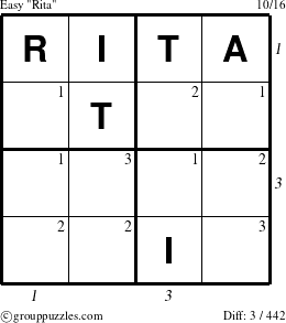 The grouppuzzles.com Easy Rita puzzle for , suitable for printing, with all 3 steps marked