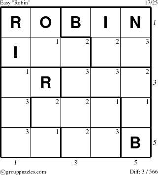 The grouppuzzles.com Easy Robin puzzle for , suitable for printing, with all 3 steps marked