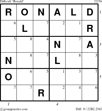 The grouppuzzles.com Difficult Ronald puzzle for , suitable for printing, with all 8 steps marked