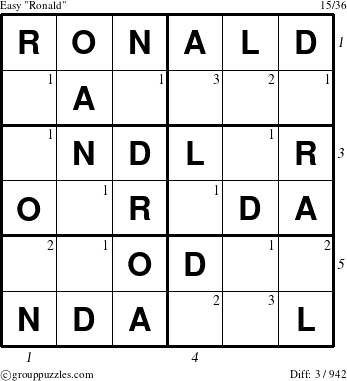 The grouppuzzles.com Easy Ronald puzzle for , suitable for printing, with all 3 steps marked