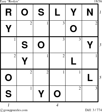 The grouppuzzles.com Easy Roslyn puzzle for , suitable for printing, with all 3 steps marked