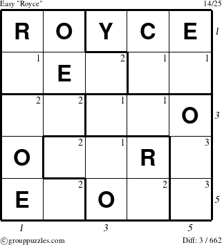 The grouppuzzles.com Easy Royce puzzle for , suitable for printing, with all 3 steps marked