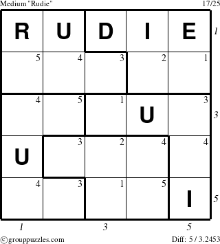 The grouppuzzles.com Medium Rudie puzzle for , suitable for printing, with all 5 steps marked