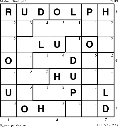 The grouppuzzles.com Medium Rudolph puzzle for , suitable for printing, with all 5 steps marked