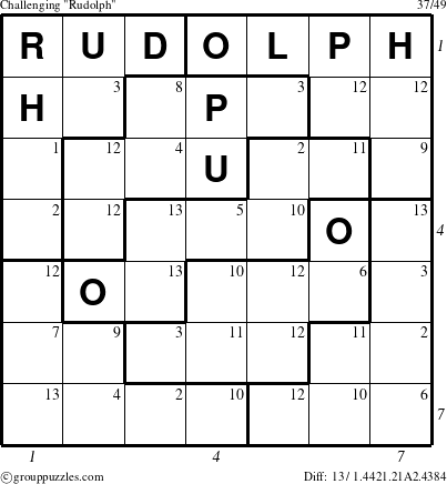 The grouppuzzles.com Challenging Rudolph puzzle for , suitable for printing, with all 13 steps marked