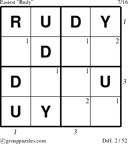 The grouppuzzles.com Easiest Rudy puzzle for , suitable for printing, with all 2 steps marked