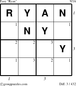 The grouppuzzles.com Easy Ryan puzzle for , suitable for printing, with all 3 steps marked