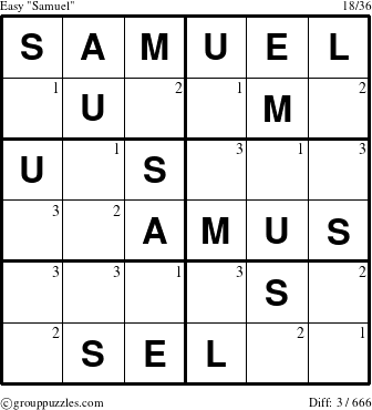 The grouppuzzles.com Easy Samuel puzzle for  with the first 3 steps marked
