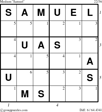 The grouppuzzles.com Medium Samuel puzzle for , suitable for printing, with all 6 steps marked