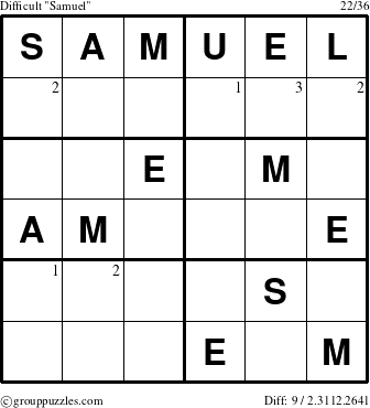 The grouppuzzles.com Difficult Samuel puzzle for  with the first 3 steps marked