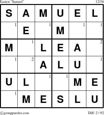 The grouppuzzles.com Easiest Samuel puzzle for  with the first 2 steps marked