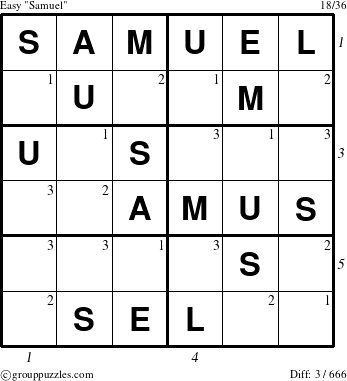 The grouppuzzles.com Easy Samuel puzzle for , suitable for printing, with all 3 steps marked