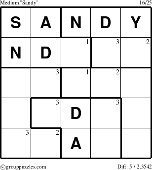 The grouppuzzles.com Medium Sandy puzzle for  with the first 3 steps marked